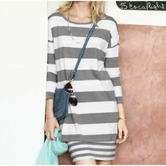 GARNET HILL Women S Double Layer Knit Dress Gray White Stripe Tunic Stretch 9159 - Picture 1 of 8